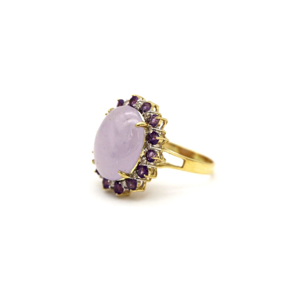 Vintage 14K Yellow Gold Lavender Jadeite Jade Halo Ring with Amethyst & Diamonds